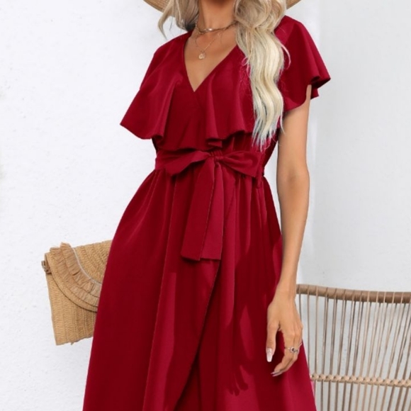 Chic Cascade Tied Midi Dress - Wine - Picture 6 of 14
